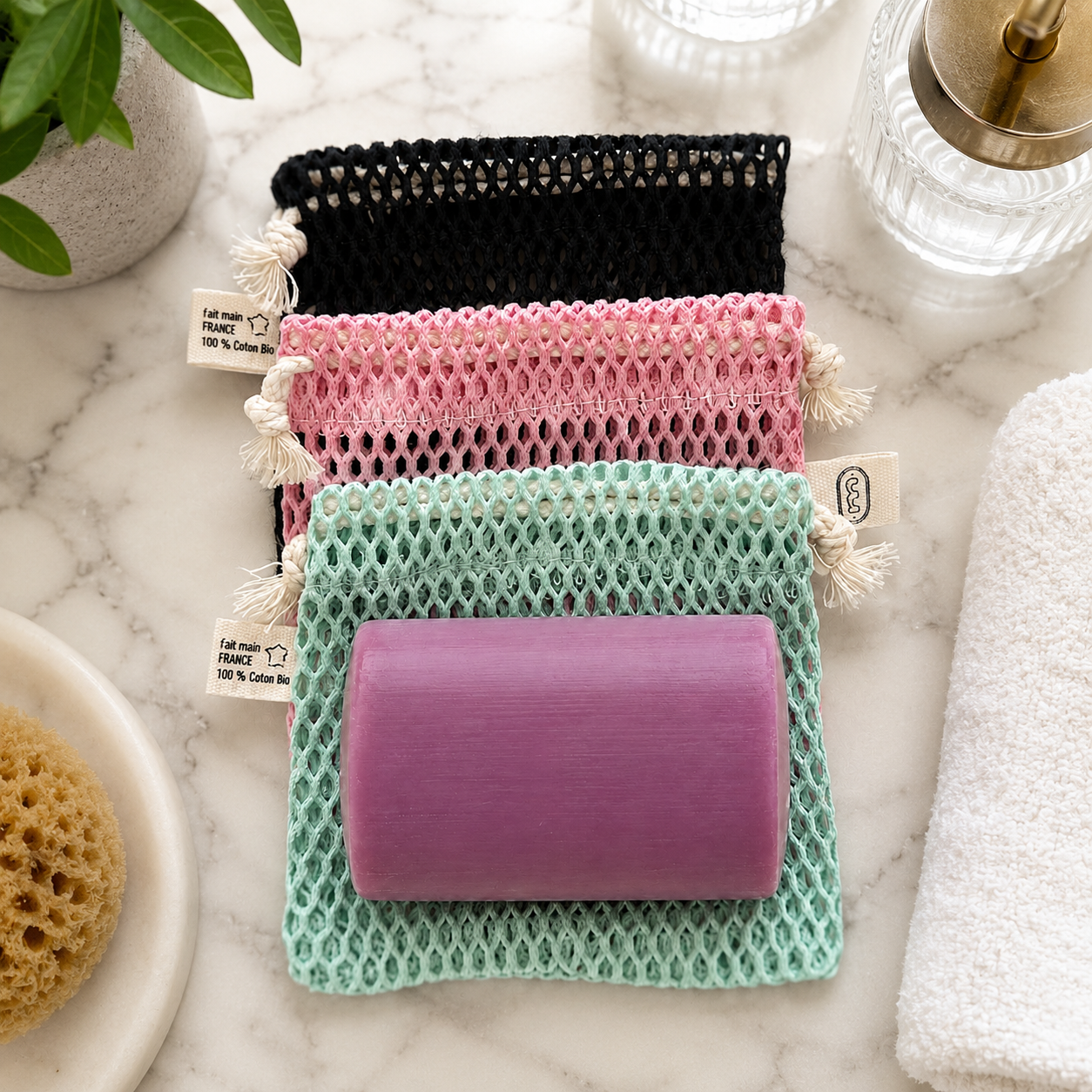 Pochette à savon XL en filet | Coton bio
