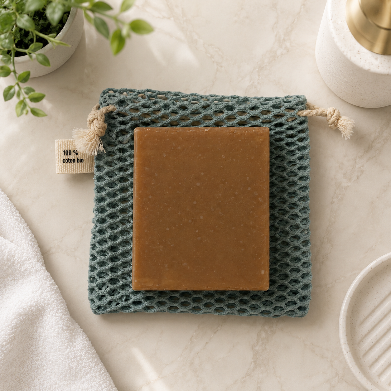 Pochette à savon XL en filet | Coton bio