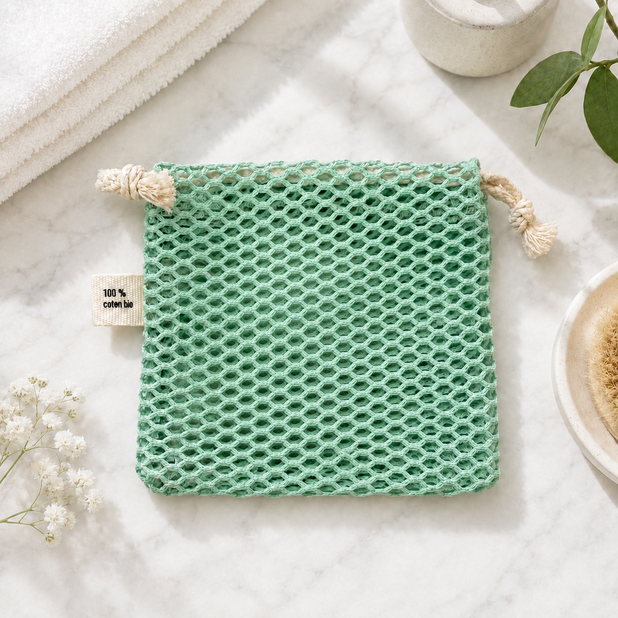 Pochette à savon XL en filet | Coton bio